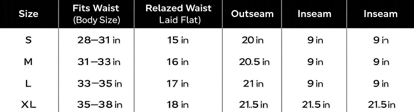 EB Core Shorts Sizing Chart
